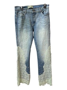 Allen B. Schwartz Embellished Lace Hem Jeans 31 Boho Beaded Festival Y2K